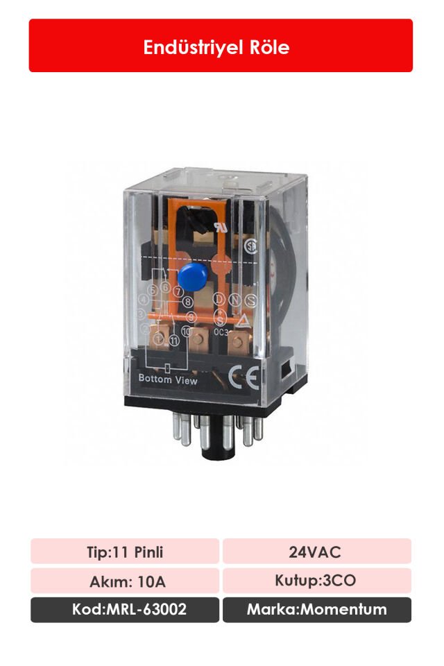 Momentum Röle 3 Kontak 11 Pin 10A Bobin:24VAC MRL-63002