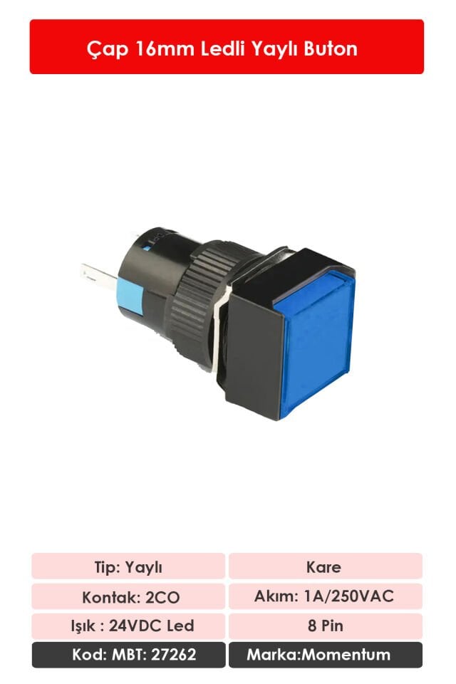 Momentum D16 Işıklı Buton 24V Yaylı 2CO Kare Mavi MBT-27262