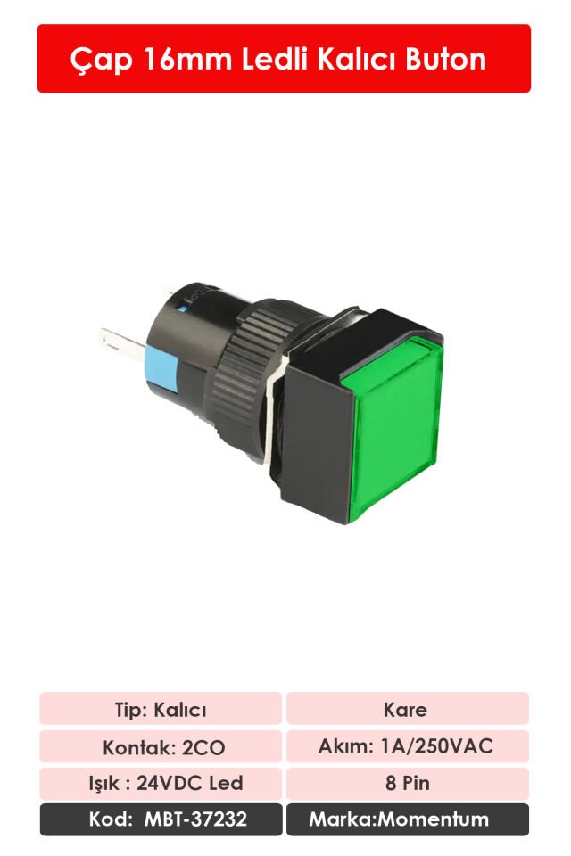 Momentum D16 Işıklı Buton 24V Kalıcı 2CO Kare Yeşil MBT-37232