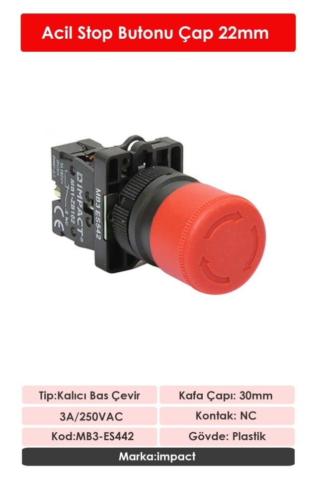 Impact 22mm Acil Stop Butonu Kırmızı NC MB3-ES442