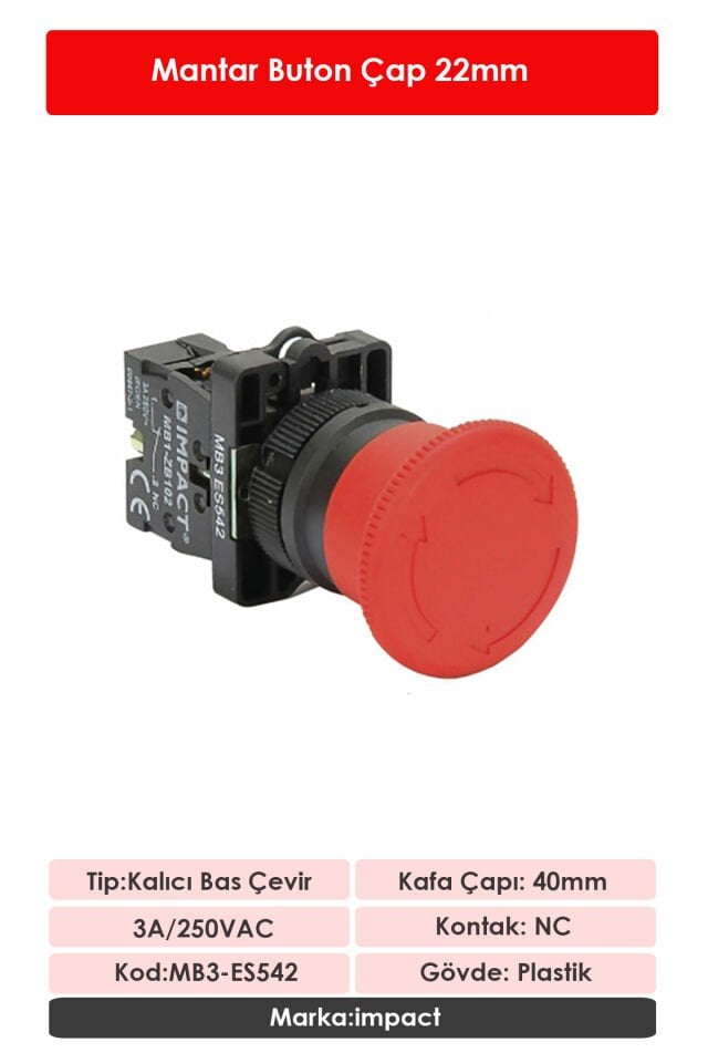 Impact 22mm Acil Stop Butonu Kırmızı NC MB3-ES542