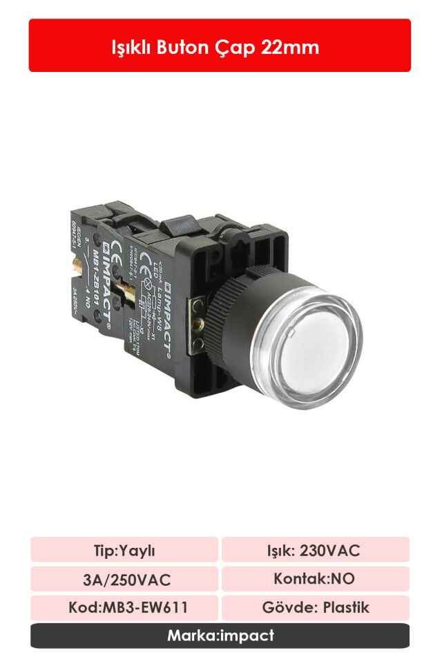 Impact 22mm Işıklı Buton Beyaz NO MB3-EW611