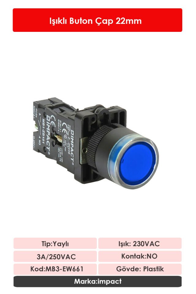 Impact 22mm Işıklı Buton Mavi NO MB3-EW661