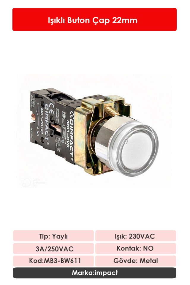 Impact 22mm Işıklı Buton Beyaz NO MB3-BW611