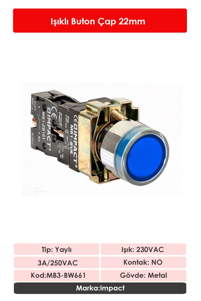 Impact 22mm Işıklı Buton Mavi NO MB3-BW661