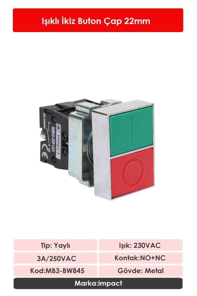 Impact 22mm Işıklı İkiz Buton Kırmızı-Yeşil NO+NC MB3-BW845