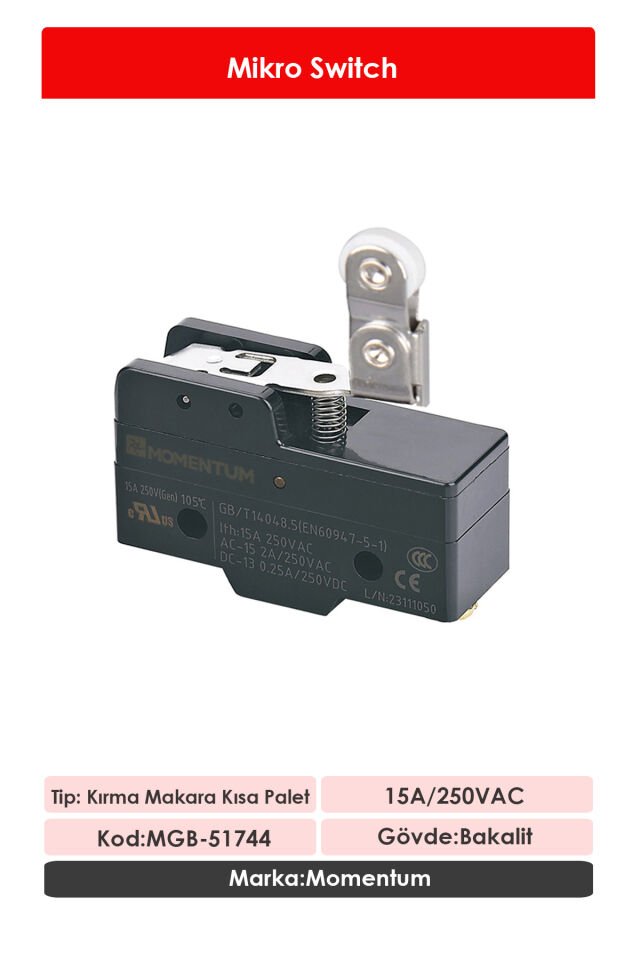 Momentum Mikro Switch Kırmalı Makaralı Kısa Pim NO+NC MGB-51744