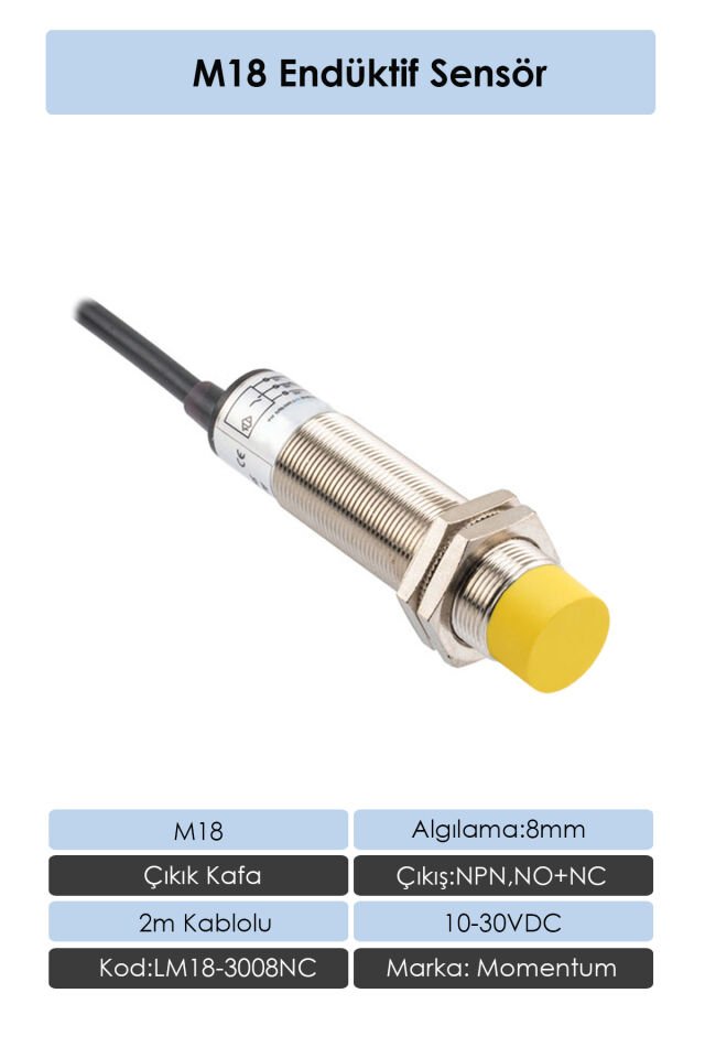 Momentum M18 Endüktif Sensör 8mm Çıkık Kafa NPN NO+NC LM18-3008NC
