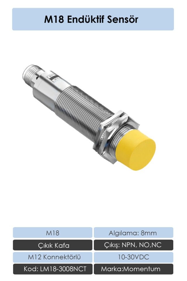 Momentum M18 Endüktif Sensör 8mm Çıkık Kafa NPN NO+NC LM18-3008NCT