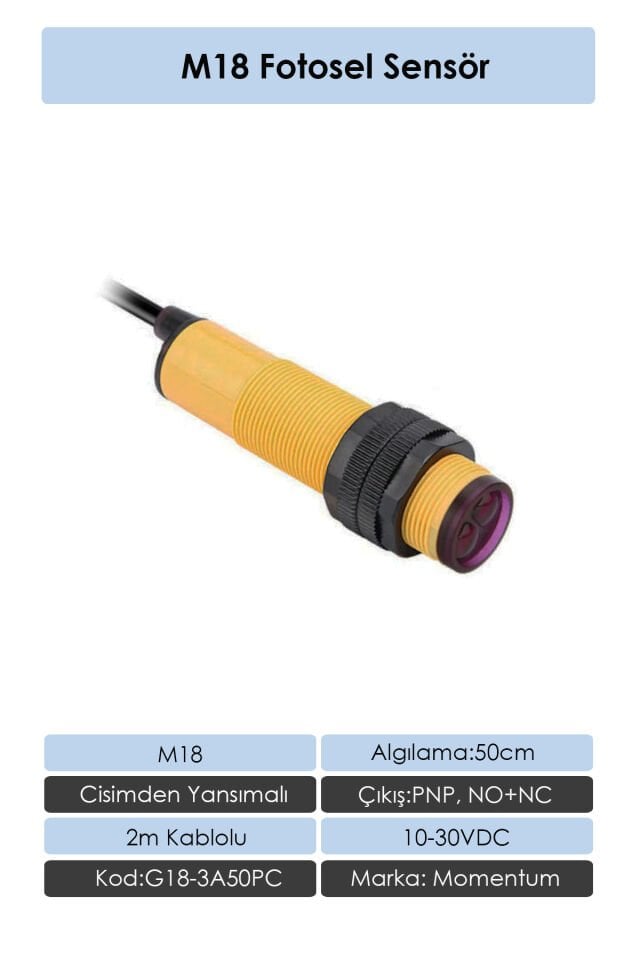 Momentum Fotosel M18 50cm Cisimden 2m Kablo PNP NO+NC G18-3A50PC