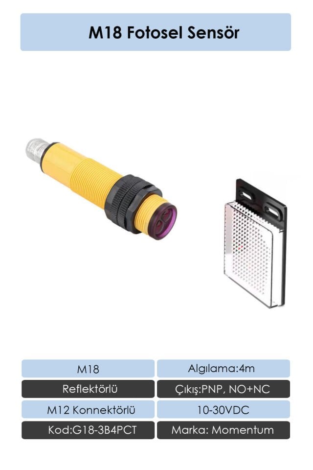 Momentum Fotosel M18 4m Reflektörlü Konnektör PNP NO+NC G18-3B4PCT