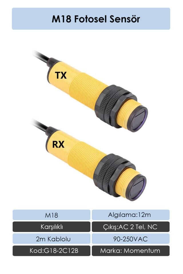 Momentum Fotosel M18 12m Karşılıklı 2m Kablo AC 2 Tel NC G18-2C12B