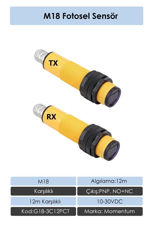 Momentum Fotosel M18 12m Karşılıklı Konnektör PNP NO+NC G18-3C12PCT