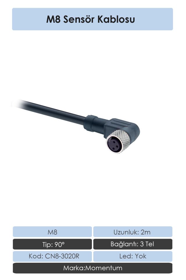 Momentum Sensör Konnektör M8 90d 2 metre 3 Tel CN8-3020R