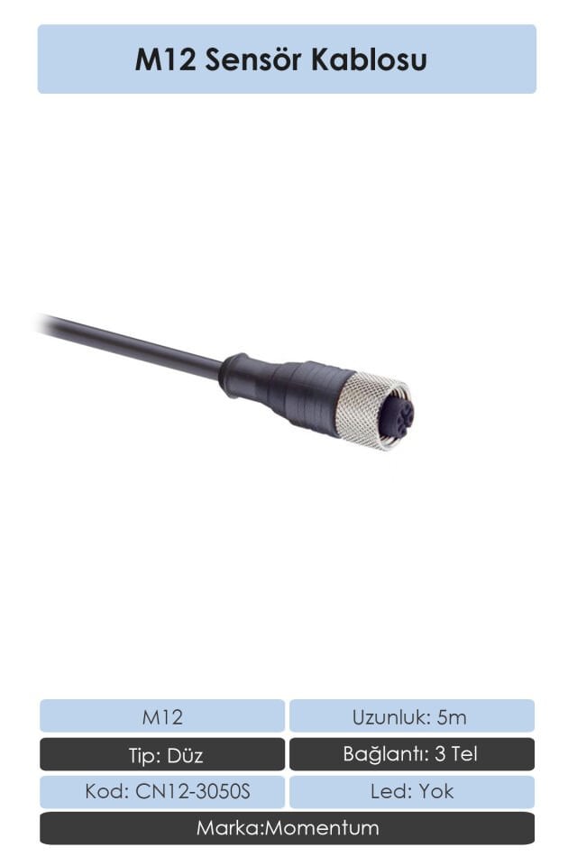 Momentum Sensör Konnektör M12 Düz 5 metre 3 Tel CN12-3050S