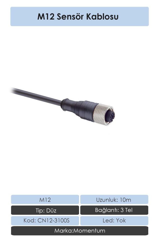 Momentum Sensör Konnektör M12 Düz 10 metre 3 Tel CN12-3100S