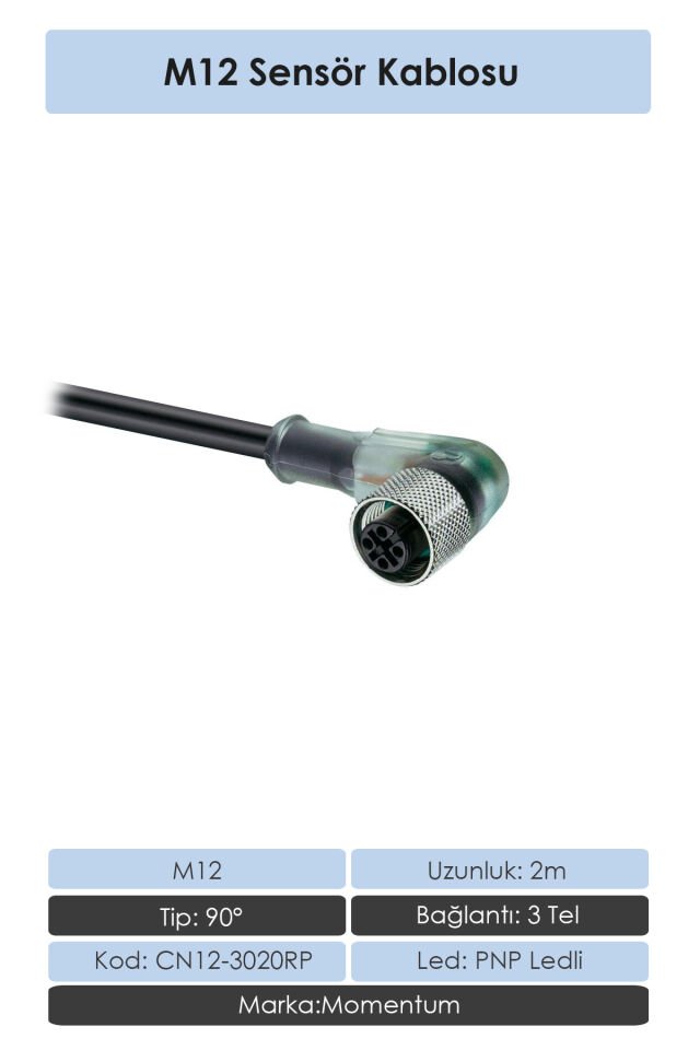 Momentum Sensör Konnektör M12 90d 2 metre 3 Tel CN12-3020RP
