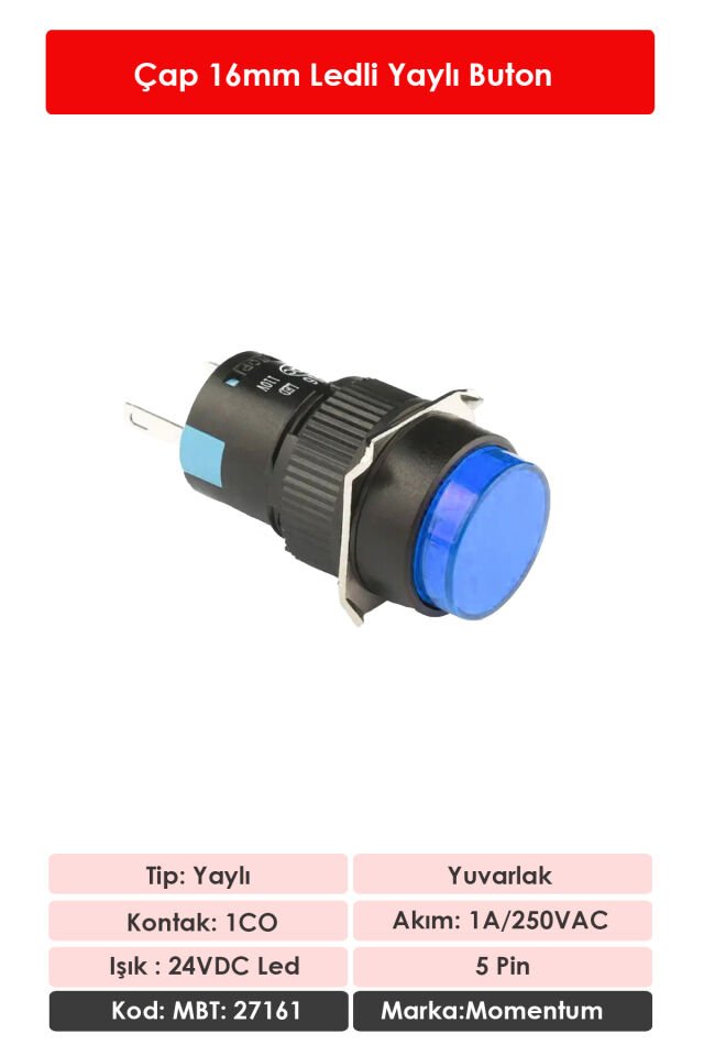 Momentum D16 Işıklı Buton 24V Yaylı 1CO Yuvarlak Mavi MBT-27161