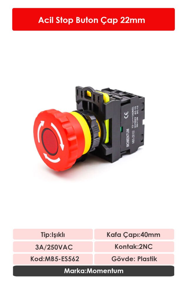 Momentum D22 Buton ACil Stop D40 Kafa Tip 2 Led NC MB5-ES562