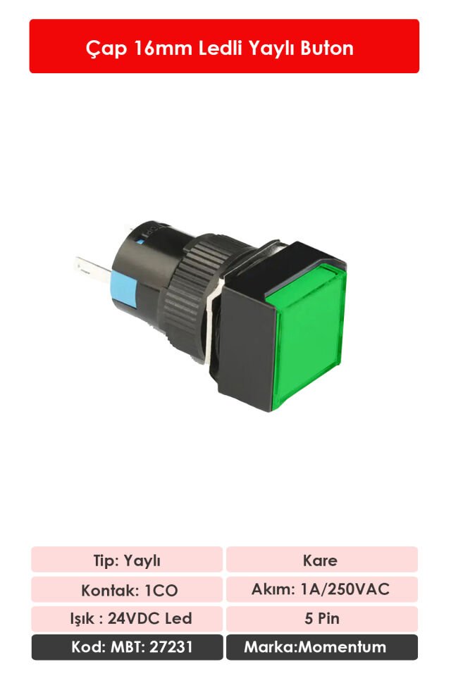 Momentum D16 Işıklı Buton 24V Yaylı 1CO Kare Yeşil MBT-27231