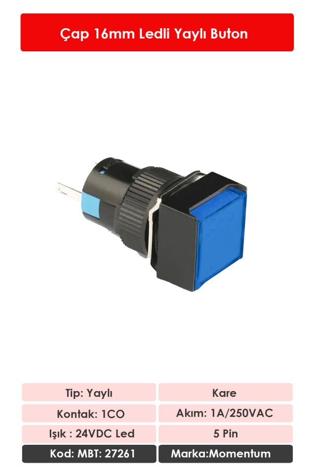 Momentum D16 Işıklı Buton 24V Yaylı 1CO Kare Mavi MBT-27261
