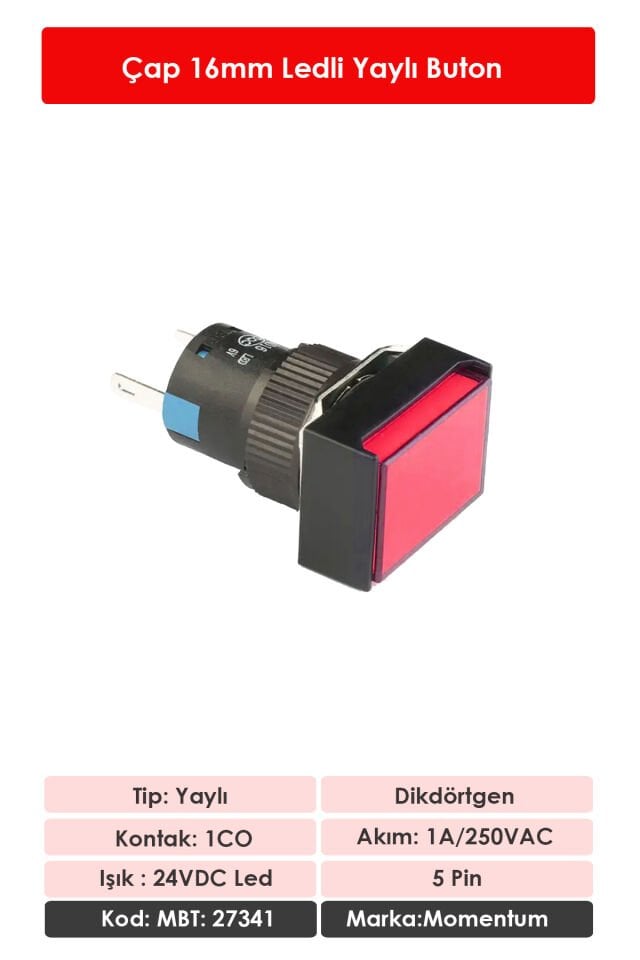Momentum D16 Işıklı Buton 24V Yaylı 1CO Dörtgen Kırmızı MBT-27341