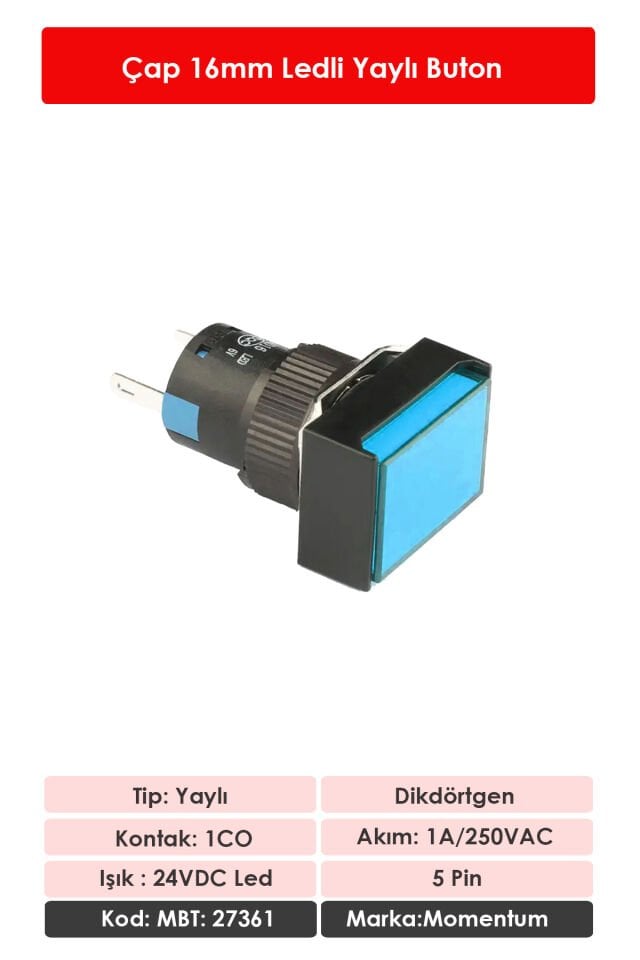 Momentum D16 Işıklı Buton 24V Yaylı 1CO Dörtgen Mavi MBT-27361