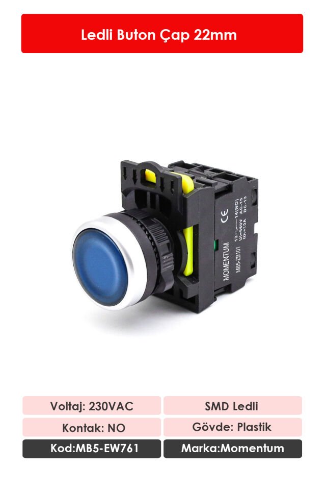 Momentum D22 Buton Led 230V AC Mavi NO MB5-EW761