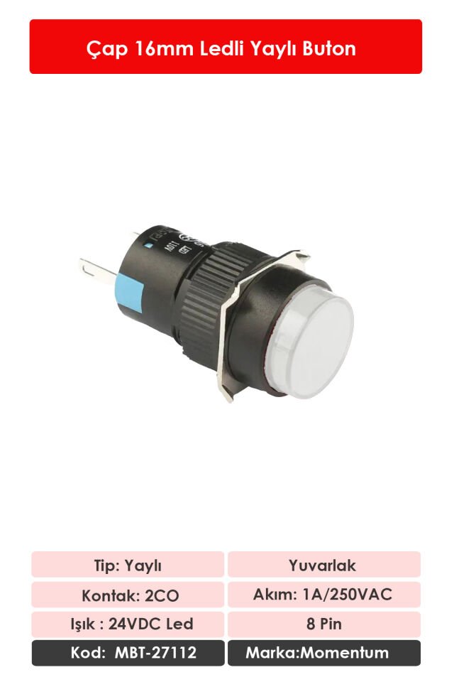Momentum D16 Işıklı Buton 24V Yaylı 2CO Yuvarlak Beyaz MBT-27112