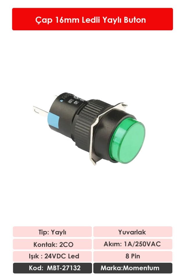 Momentum D16 Işıklı Buton 24V Yaylı 2CO Yuvarlak Yeşil MBT-27132