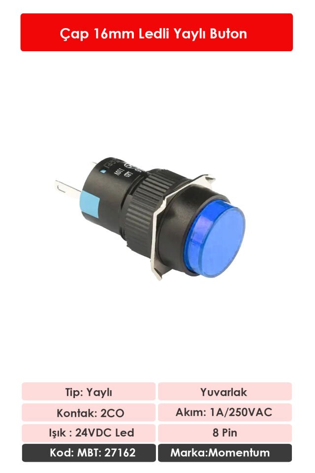 Momentum D16 Işıklı Buton 24V Yaylı 2CO Yuvarlak Mavi MBT-27162