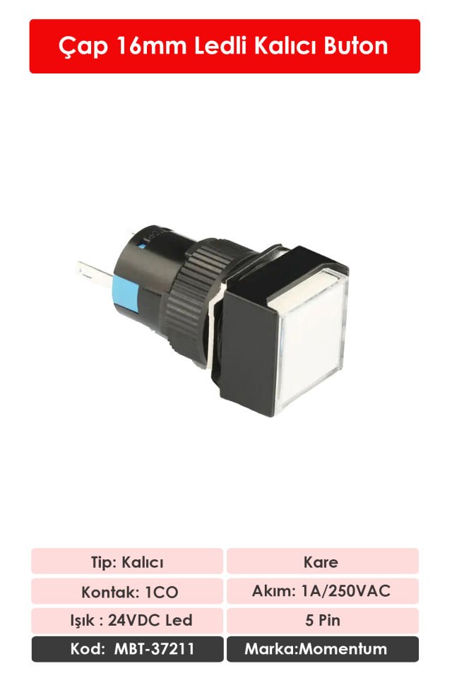 Momentum D16 Işıklı Buton 24V Kalıcı 1CO Kare Beyaz MBT-37211