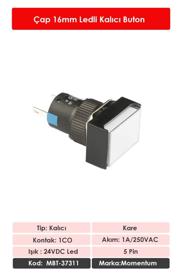 Momentum D16 Işıklı Buton 24V Kalıcı 1CO Dörtgen Beyaz MBT-37311