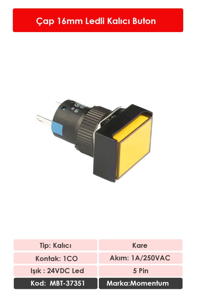 Momentum D16 Işıklı Buton 24V Kalıcı 1CO Dörtgen Sarı MBT-37351