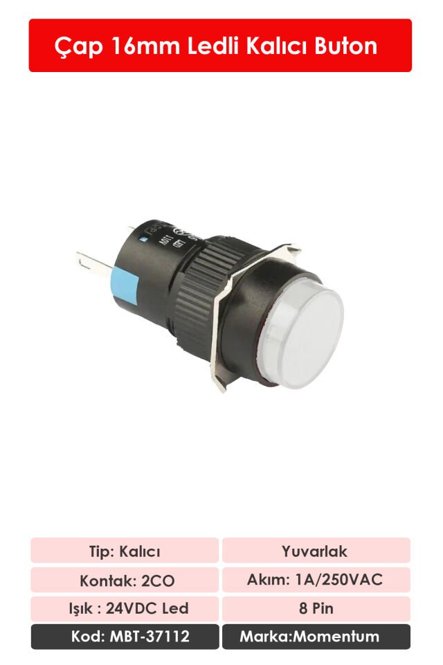 Momentum D16 Işıklı Buton 24V Kalıcı 2CO Yuvarlak Beyaz MBT-37112