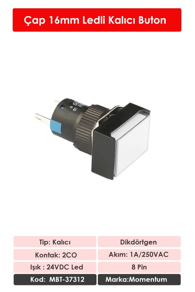 Momentum D16 Işıklı Buton 24V Kalıcı 2CO Dörtgen Beyaz MBT-37312