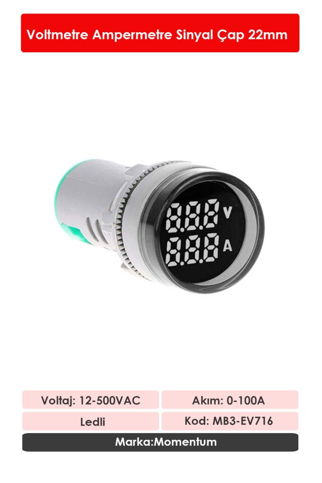 Momentum D22 Sinyal Led Voltmetre Ampermetre 12-500V / 0-100A  Beyaz MB3-EV716