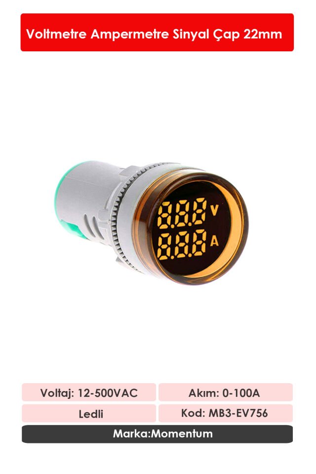 Momentum D22 Sinyal Led Voltmetre Ampermetre 12-500V / 0-100A  Sarı MB3-EV756