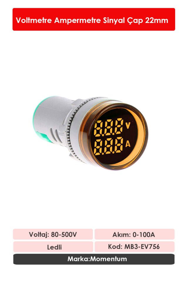 Momentum D22 Sinyal Led Voltmetre Ampermetre 80-500V / 0-100A  Sarı MB3-EV756