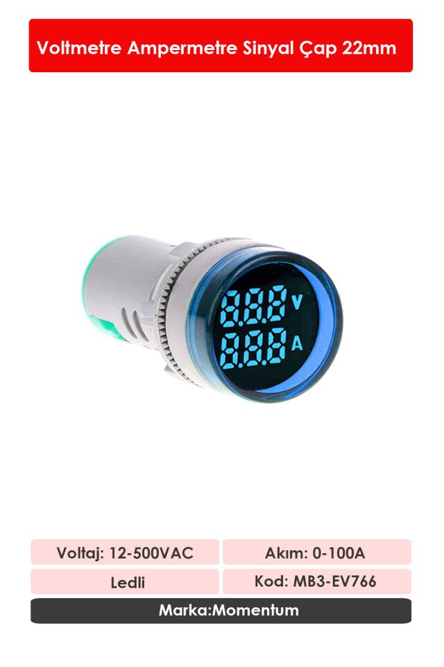 Momentum D22 Sinyal Led Voltmetre Ampermetre 12-500V / 0-100A  Mavi MB3-EV766