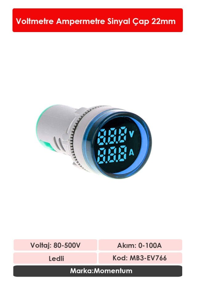 Momentum D22 Sinyal Led Voltmetre Ampermetre 80-500V / 0-100A  Mavi MB3-EV766