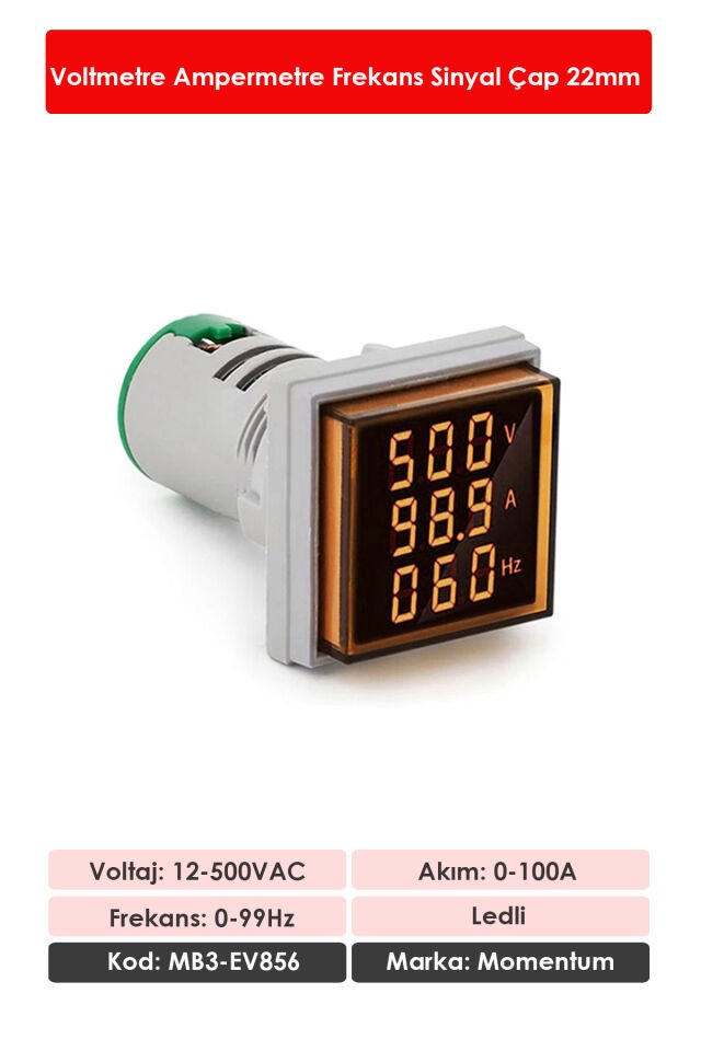Momentum D22 Sinyal Led Volt/Amper/Frekans Metre 12-500V / 0-100A  /0-99Hz Sarı MB3-EV856